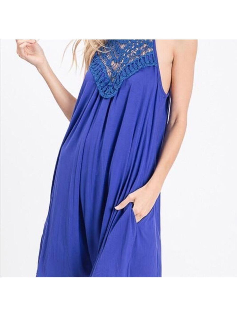 BLUE DRESS WITH CROCHET DETAILING, POCKETS Boutique sz S Nwot